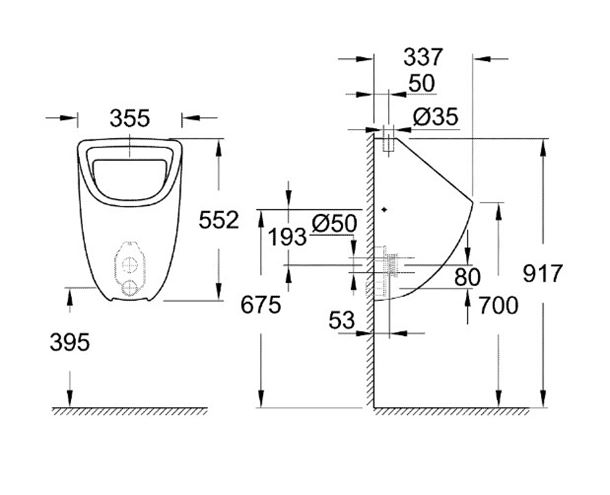 GROHE BAU CERAMIC pisoár, horný prívod vody, alpská biela 39439000 Technický nákres