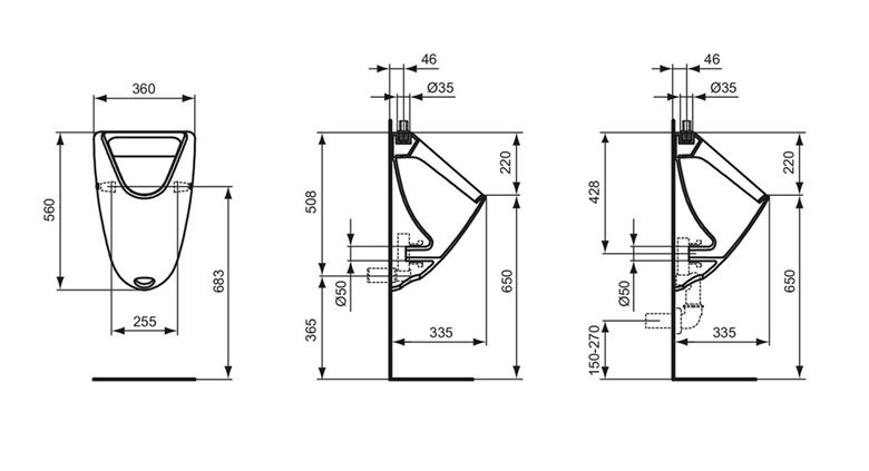 IDEAL STANDARD GOLF pisoár, horný prívod vody K553901 Technický nákres