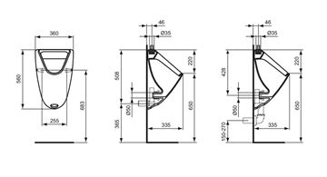 IDEAL STANDARD GOLF pisoár, horný prívod vody K553901 Technický nákres
