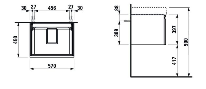 LAUFEN PRO S skrinka pod umývadlo 57x45x39,7 cm, 1 zásuvka, lesklá biela H4833710964751 Technický nákres