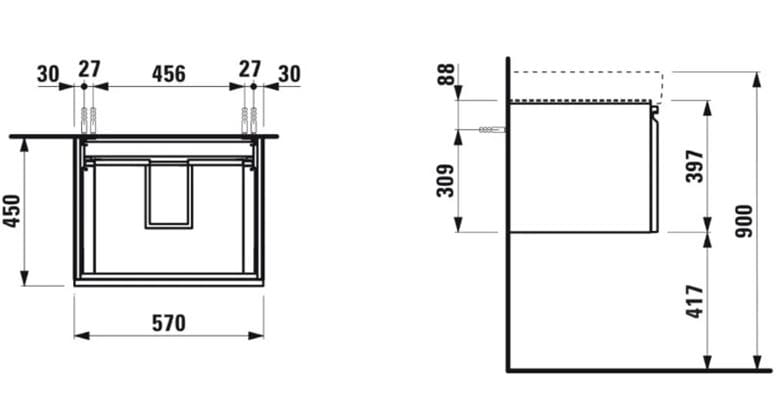 LAUFEN PRO S skrinka pod umývadlo 57x45x39,7 cm, 1 zásuvka, lesklá biela H4833720964751 Technický nákres