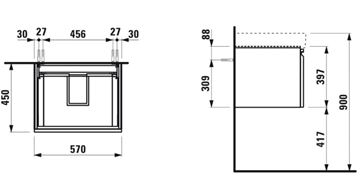 LAUFEN PRO S skrinka pod umývadlo 57x45x39,7 cm, 1 zásuvka, lesklá biela H4833720964751 Technický nákres