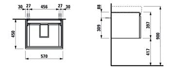 LAUFEN PRO S skrinka pod umývadlo 57x45x39,7 cm, 1 zásuvka, matná biela H4833710964631 Technický nákres