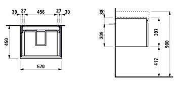 LAUFEN PRO S skrinka pod umývadlo 57x45x39,7 cm, 1 zásuvka, wenge H4833720964231 Technický nákres