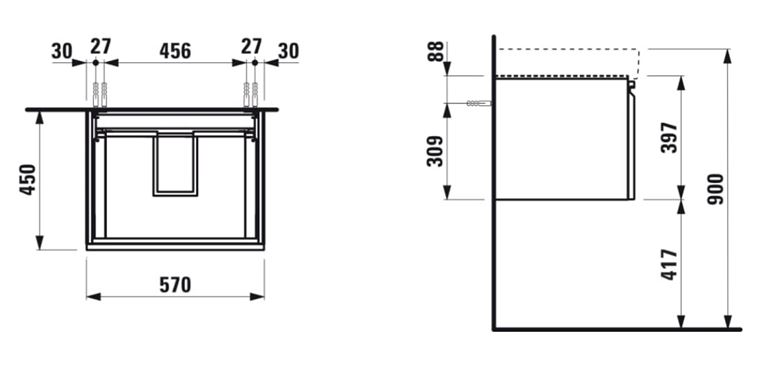LAUFEN PRO S skrinka pod umývadlo 57x45x39,7 cm, 1 zásuvka, wenge H4833720964231 Technický nákres