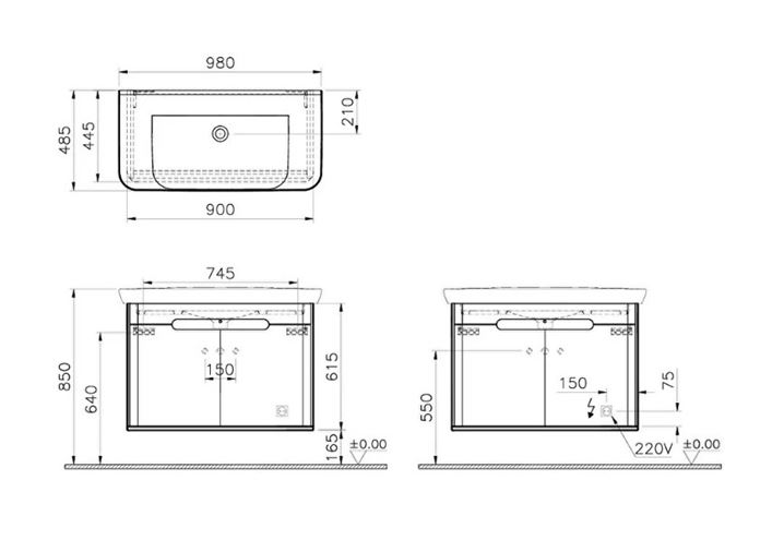 VITRA SENTO skrinka s umývadlom 98x48,5x68,5 cm, 2 dvierka, s osvetlením, antracite mat 60811 Technický nákres
