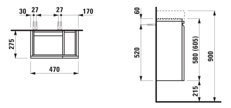 LAUFEN PRO S skrinka pod umývadlo 47x27,5x58 cm, 1 dvierka, pánty vľavo, 1 polička vpravo, lesklá biela H4830010954751 Technický nákres