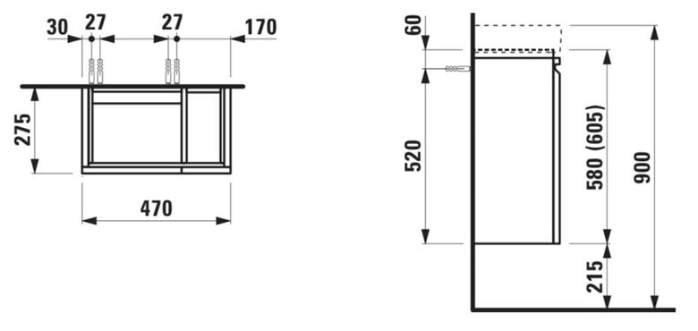 LAUFEN PRO S skrinka pod umývadlo 47x27,5x58 cm, 1 dvierka, pánty vľavo, 1 polička vpravo, matný grafit H4830010954801 Technický nákres