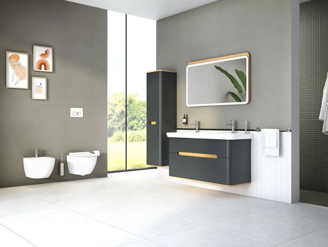 VITRA SENTO skrinka s dvojumývadlom 130x48x68,5 cm, 2 zásuvky, s osvetlením, antracite mat 61189 Obrázek - fotka