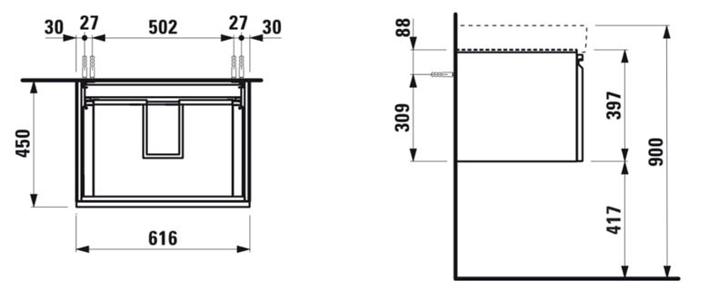 LAUFEN PRO S skrinka pod umývadlo 61,6x45x39,7 cm, 1 zásuvka, lesklá biela H4834220964751 Technický nákres