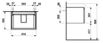LAUFEN PRO S skrinka pod umývadlo 61,6x45x39,7 cm, 1 zásuvka, lesklá biela H4834220964751 Technický nákres