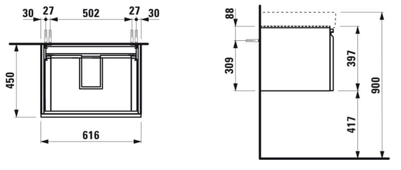 LAUFEN PRO S skrinka pod umývadlo 61,6x45x39,7 cm, 1 zásuvka, matná biela H4834220964631 Technický nákres
