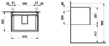 LAUFEN PRO S skrinka pod umývadlo 61,6x45x39,7 cm, 1 zásuvka, matná biela H4834220964631 Technický nákres