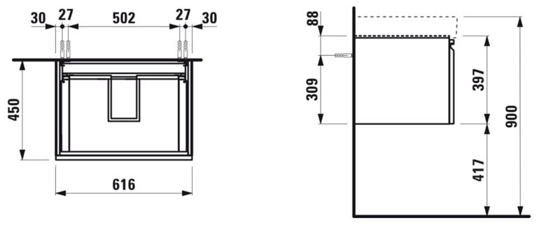 LAUFEN PRO S skrinka pod umývadlo 61,6x45x39,7 cm, 1 zásuvka, matný grafit H4834220964801 Technický nákres
