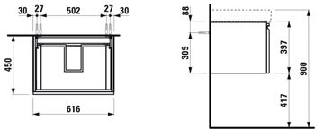 LAUFEN PRO S skrinka pod umývadlo 61,6x45x39,7 cm, 1 zásuvka, matný grafit H4834220964801 Technický nákres