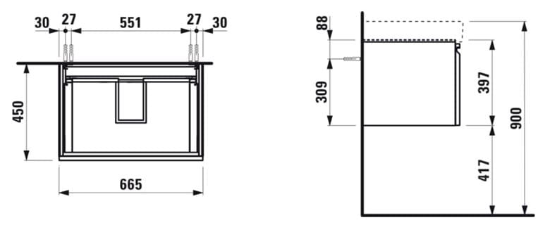 LAUFEN PRO S skrinka pod umývadlo 66,5x45x39,7 cm, 1 zásuvka, lesklá biela H4834520964751 Technický nákres