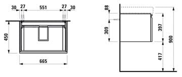 LAUFEN PRO S skrinka pod umývadlo 66,5x45x39,7 cm, 1 zásuvka, lesklá biela H4834520964751 Technický nákres