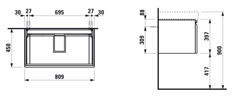 LAUFEN PRO S skrinka pod umývadlo 80,9x45x39,7 cm, 1 zásuvka, lesklá biela H4835010964751 Technický nákres