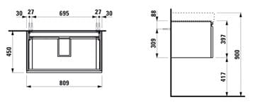 LAUFEN PRO S skrinka pod umývadlo 80,9x45x39,7 cm, 1 zásuvka, lesklá biela H4835010964751 Technický nákres
