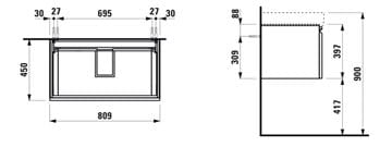 LAUFEN PRO S skrinka pod umývadlo 101x45x39,7 cm, 1 zásuvka, lesklá biela H4835520964751 Technický nákres