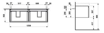 LAUFEN PRO S skrinka pod dvojumývadlo 125,8x45x39,7 cm, 2 zásuvky, lesklá biela H4835710964751 Technický nákres