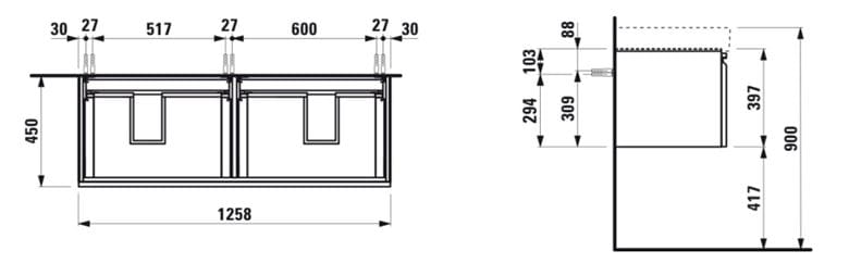 LAUFEN PRO S skrinka pod dvojumývadlo 125,8x45x39,7 cm, 2 zásuvky, lesklá biela H4835710964751 Technický nákres