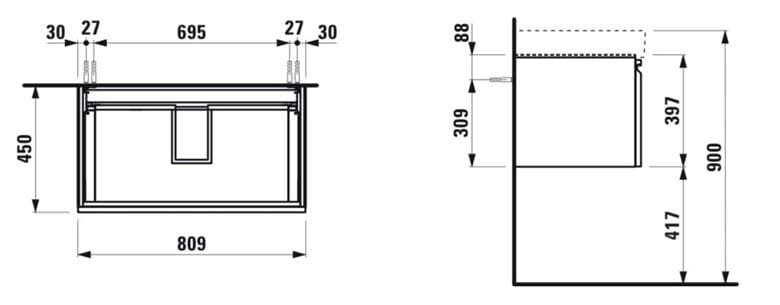 LAUFEN PRO S skrinka pod umývadlo 80,9x45x39,7 cm, 1 zásuvka, matná biela H4835020964631 Technický nákres