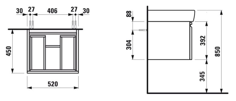 LAUFEN PRE skrinka pod umývadlo 52x45x39, 2 cm, 1 zásuvka, wenge H4830340954231 Technický nákres