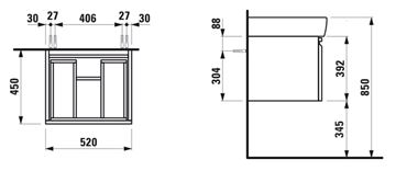 LAUFEN PRE skrinka pod umývadlo 52x45x39, 2 cm, 1 zásuvka, wenge H4830340954231 Technický nákres