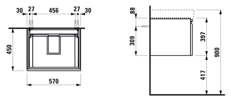 LAUFEN PRO S skrinka pod umývadlo 57x45x39,7 cm, 1 zásuvka, wenge H4833710964231 Technický nákres