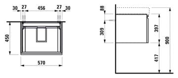 LAUFEN PRO S skrinka pod umývadlo 57x45x39,7 cm, 1 zásuvka, wenge H4833710964231 Technický nákres