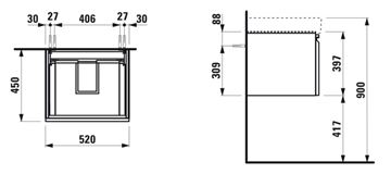 LAUFEN PRO S skrinka pod umývadlo 52x45x39,7 cm, 1 zásuvka, lesklá biela H4833510964751 Technický nákres