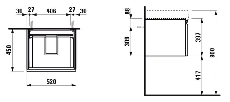 LAUFEN PRO S skrinka pod umývadlo 52x45x39,7 cm, 1 zásuvka, lesklá biela H4833510964751 Technický nákres