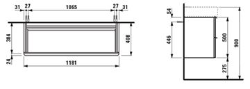 LAUFEN SPACE skrinka pod umývadlo 118,5x40,8x50 cm, 2 zásuvky, tmavý brest H4102221601031 Technický nákres