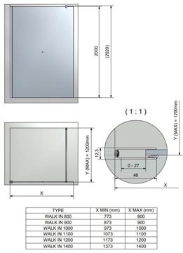 ROTH CARIBA WALK IN CI TWF stena walk-in 80x200 cm, brillant/číre sklo CI TWF 08020 VPF Technický nákres