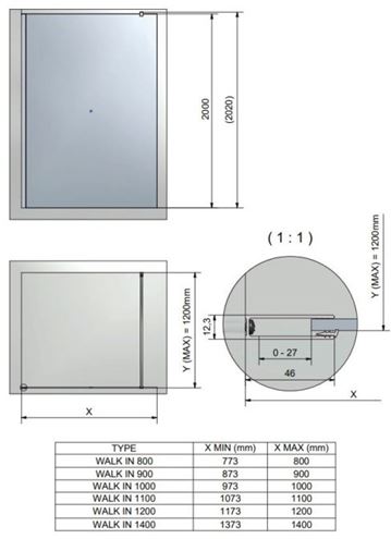 ROTH CARIBA WALK IN CI TWF stena walk-in 80x200 cm, brillant/číre sklo CI TWF 08020 VPF Technický nákres