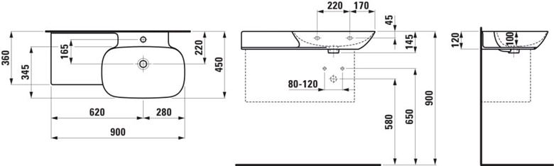 LAUFEN INO umývadlo 90 cm, s otvorom pre batériu a prepadom, LCC H8133010001041 Technický nákres