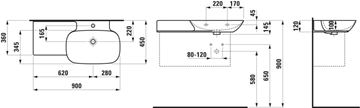 LAUFEN INO umývadlo 90 cm, s otvorom pre batériu a prepadom, LCC H8133010001041 Technický nákres