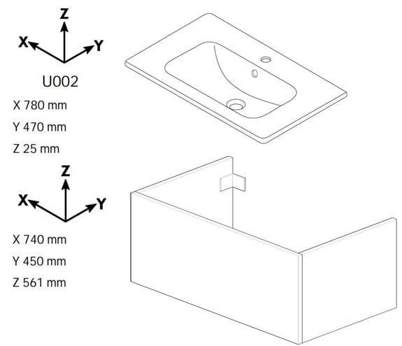 DŘEVOJAS GIO SZZ2 80 skrinka s umývadlom 78x47x56,1 cm, 2 zásuvky, úchytka chróm, biela lesk / biela vysoký lesk 81914-T03 Technický nákres