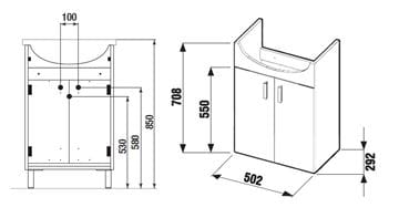 JIKA LYRA PLUS skrinka pod umývadlo 50,2x29,2x70,8 cm, 2 dvierka, biela H4519524323001 Technický nákres