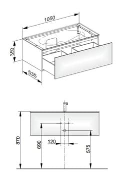 KEUCO EDITION 11 skrinka pod umývadlo 105x53, 5x35 cm, 1 zásuvka, Push-open, biela 31351380000 Technický nákres