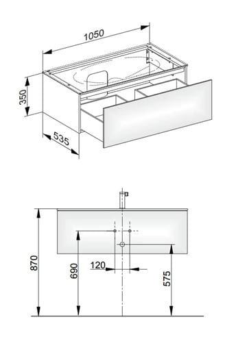 KEUCO EDITION 11 skrinka pod umývadlo 105x53, 5x35 cm, 1 zásuvka, Push-open, biela 31351380000 Technický nákres