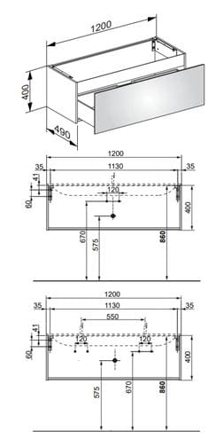 KEUCO PLAN skrinka pod dvojumývadlo 120x40x49 cm, 1 zásuvka, inox 32981290000 Technický nákres
