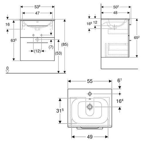 GEBERIT SELNOVA SQUARE skrinka s umývadlom 55x48x65, 2 cm, 2 zásuvky, lesklá biela 501.232.00.1 Technický nákres