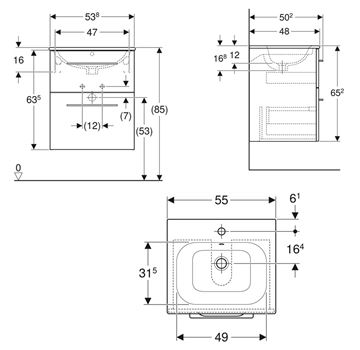 GEBERIT SELNOVA SQUARE skrinka s umývadlom 55x48x65, 2 cm, 2 zásuvky, lesklá biela 501.232.00.1 Technický nákres