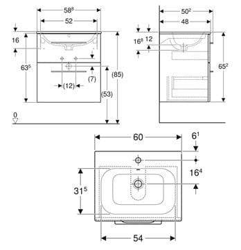 GEBERIT SELNOVA SQUARE skrinka s umývadlom 60x48x65, 2 cm, 2 zásuvky, lesklá biela 501.236.00.1 Technický nákres