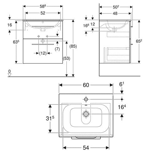 GEBERIT SELNOVA SQUARE skrinka s umývadlom 60x48x65, 2 cm, 2 zásuvky, lesklá biela 501.236.00.1 Technický nákres