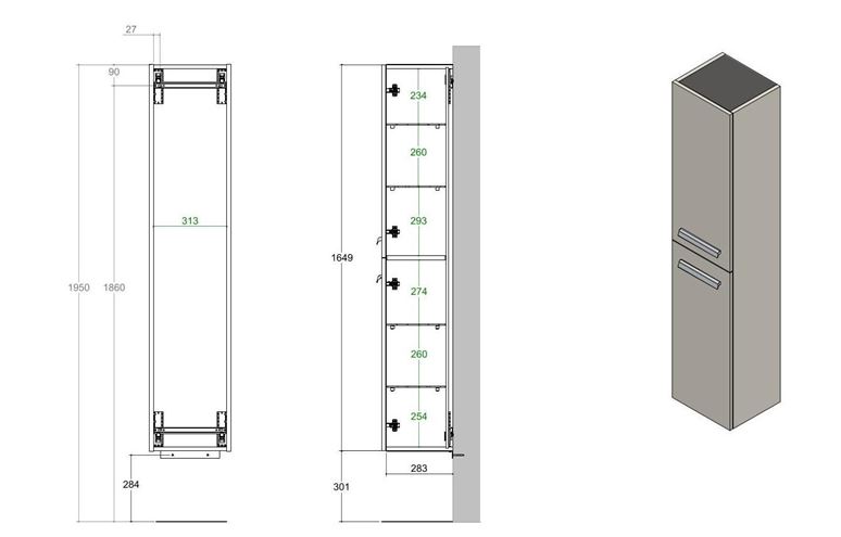 CONCEPT 200/300 vysoká skrinka 35x30, 3x164, 9 cm, 2 dvierka, prírodný dub HSCO200RX1428 Technický nákres