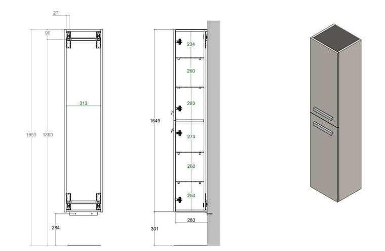 CONCEPT 200/300 vysoká skrinka 35x30,3x164,9 cm, 2 dvierka, dub biondo HSCO200RX1429 Technický nákres
