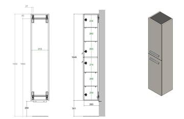 CONCEPT 200/300 vysoká skrinka 35x30,3x164,9 cm, 2 dvierka, dub biondo HSCO200RX1429 Technický nákres